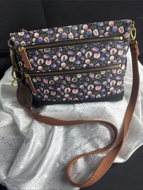 Fossil Navy Floral Print Crossbody with Brown Strap